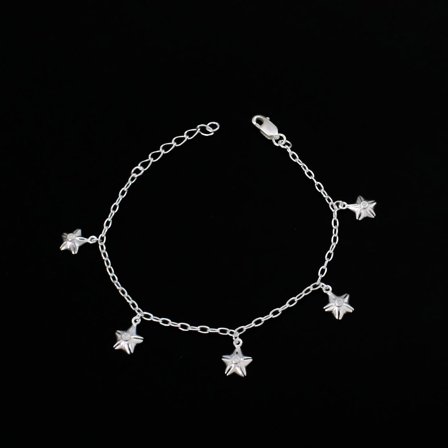 925 Sterling Silver handmade Five star charms cable chain Bracelet for Girls