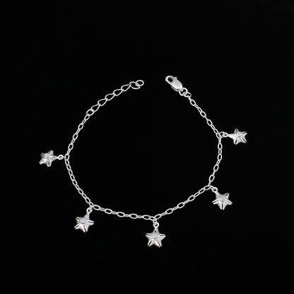 925 Sterling Silver handmade Five star charms cable chain Bracelet for Girls