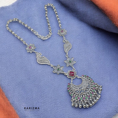 925 Indian Real Silver Oxidized peacock style women floral Necklace 27"