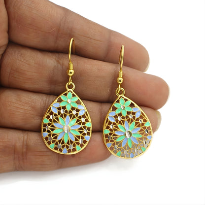 Unique 925 Sterling Silver Gold Tone Floral Drop Earrings