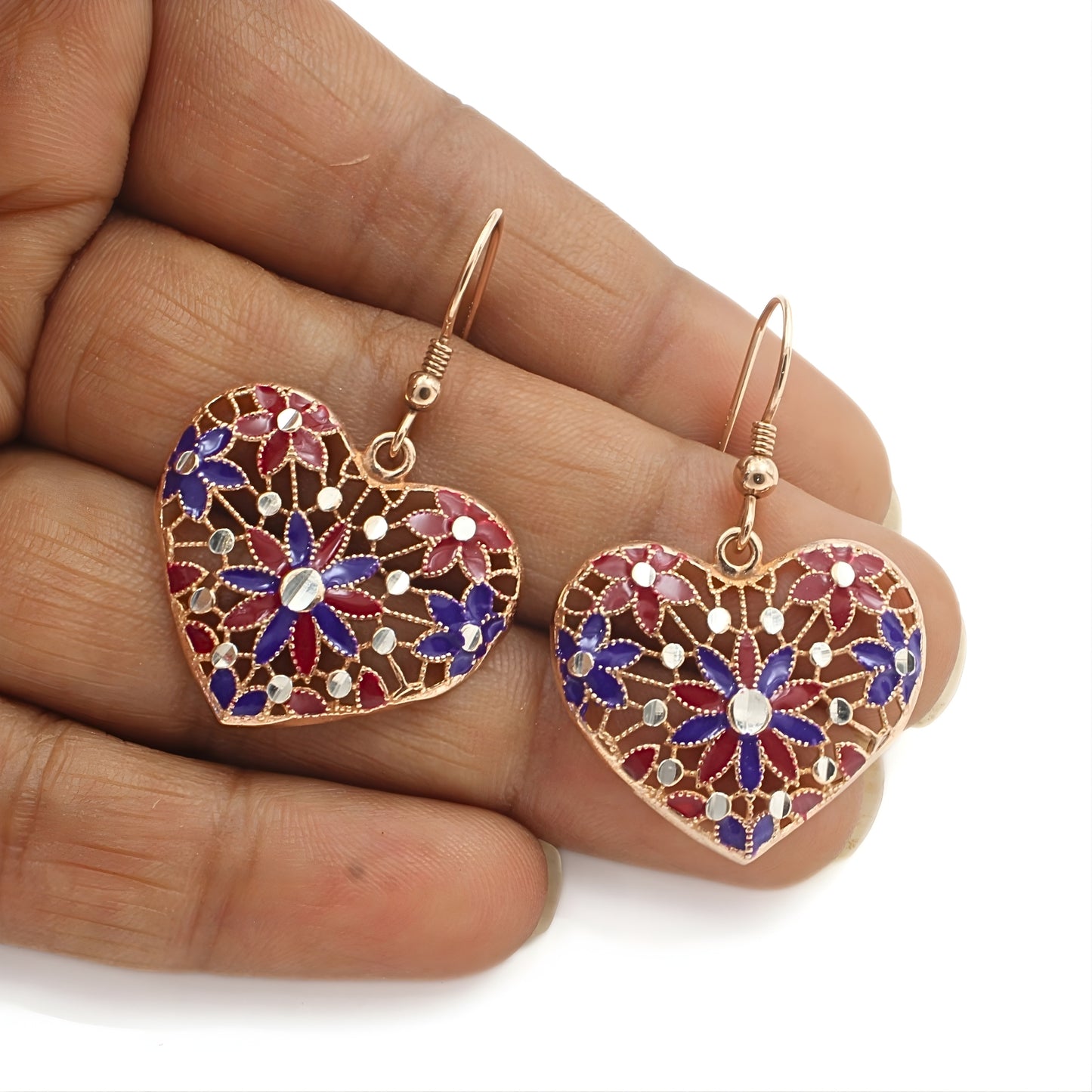 Cute 925 Sterling Silver Rose Gold Royal Heart Drops Earrings