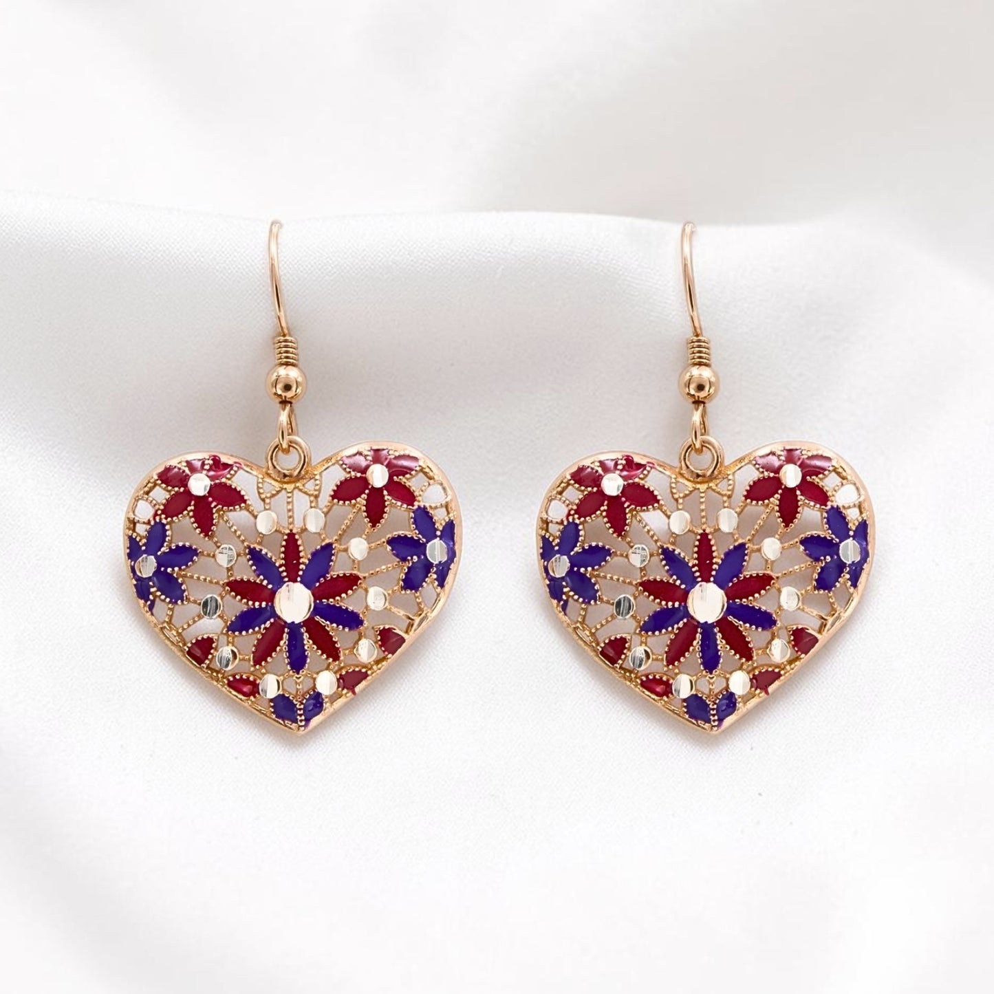 Cute 925 Sterling Silver Rose Gold Royal Heart Drops Earrings