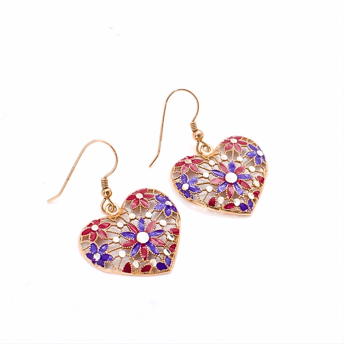 Cute 925 Sterling Silver Rose Gold Royal Heart Drops Earrings