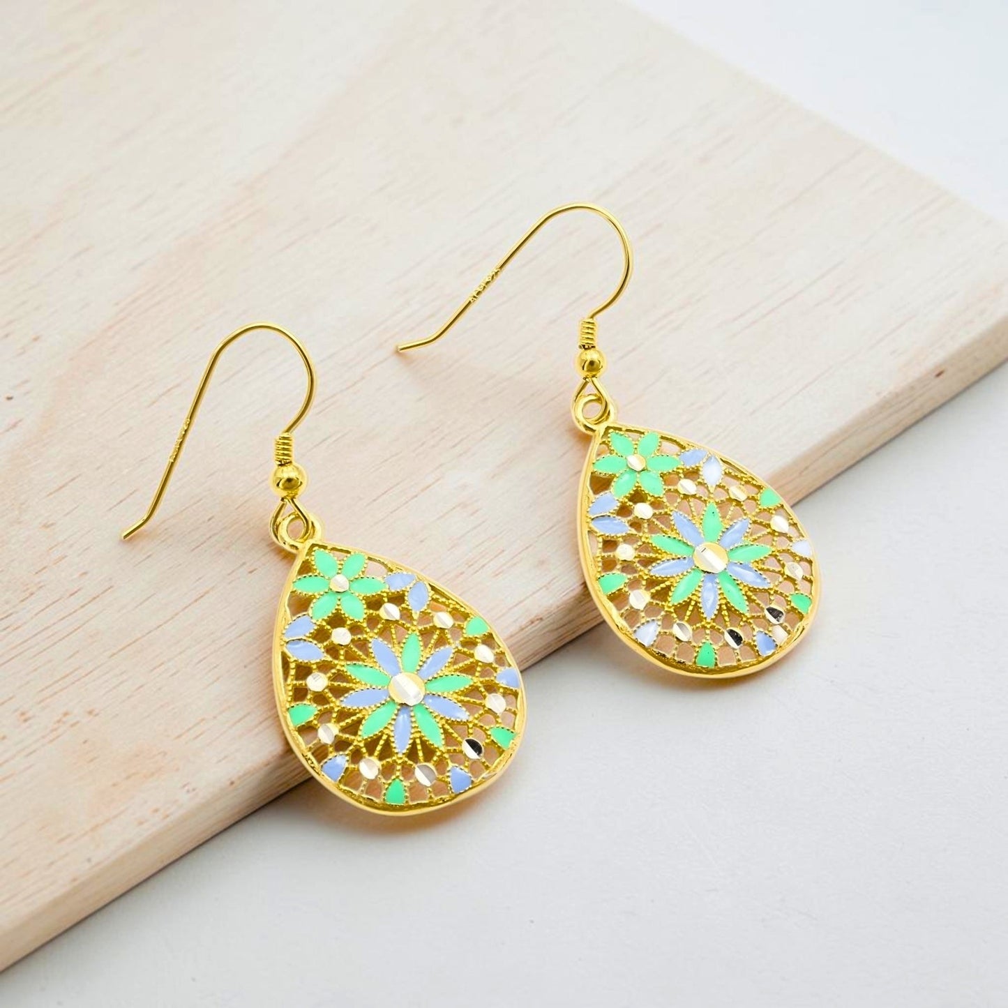 Unique 925 Sterling Silver Gold Tone Floral Drop Earrings