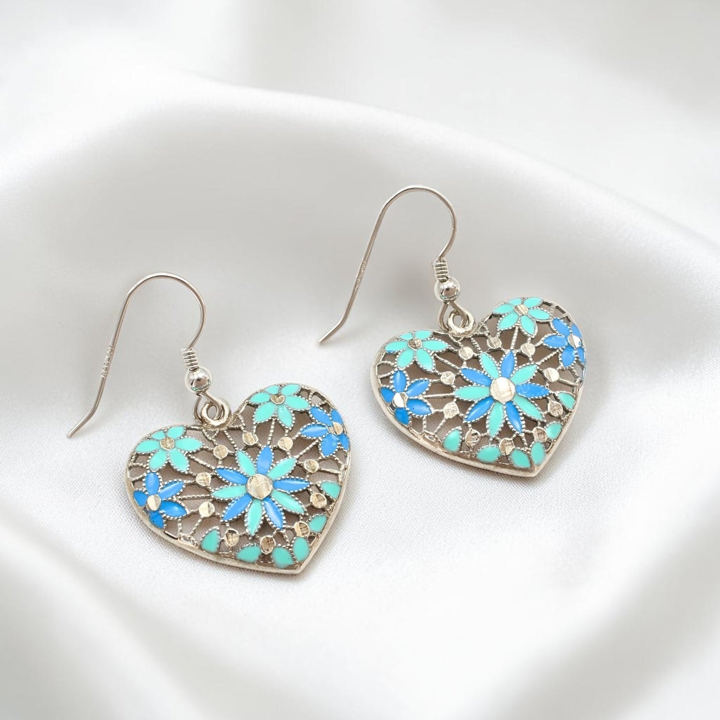 925 Sterling Silver Petal Love Heart Drops Earrings