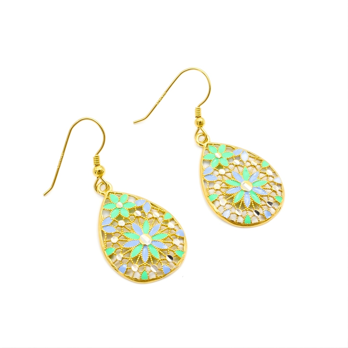 Unique 925 Sterling Silver Gold Tone Floral Drop Earrings