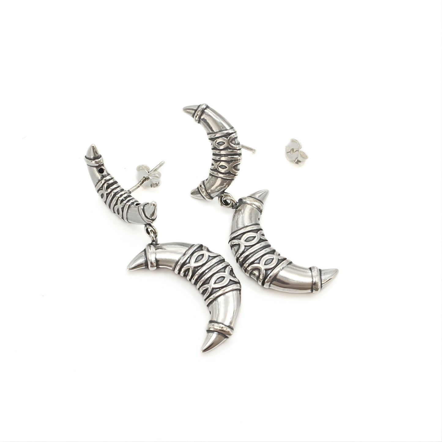 Traditional 925 Sterling Silver Oxidised Claw Half Hoop Stud Earrings