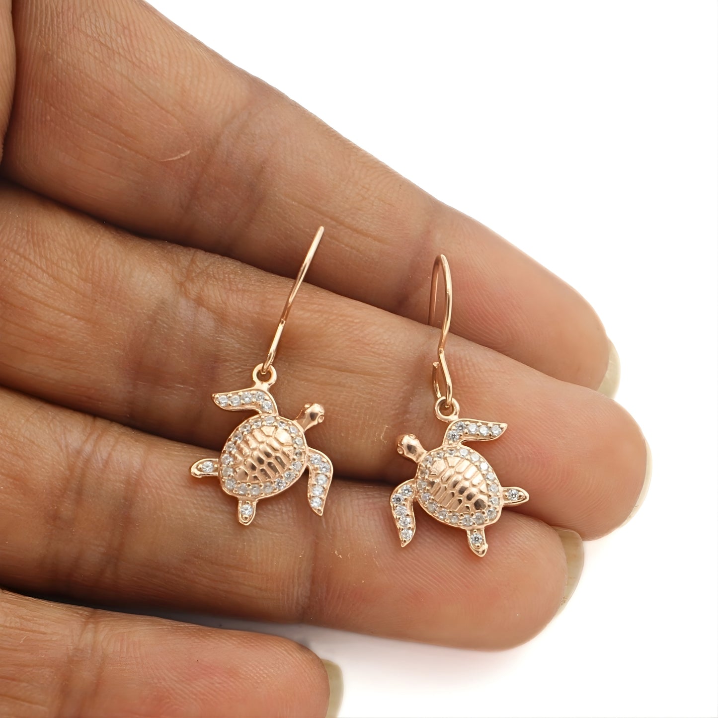 Boho chic 925 Sterling Silver White CZ Ocean Charm Rose Gold Turtle Earrings
