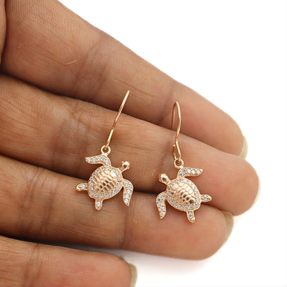 Boho chic 925 Sterling Silver White CZ Ocean Charm Rose Gold Turtle Earrings