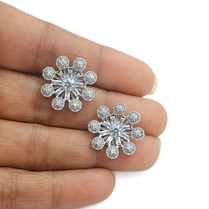 Daily wear 925 Sterling Silver White CZ Flower Studs Earrings