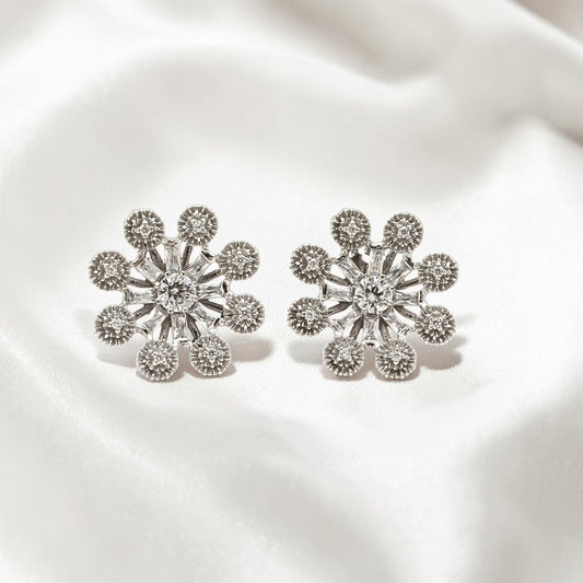 Daily wear 925 Sterling Silver White CZ Flower Studs Earrings