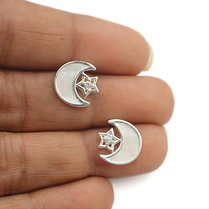 925 Sterling Silver White CZ Moon and Star gifting Earrings