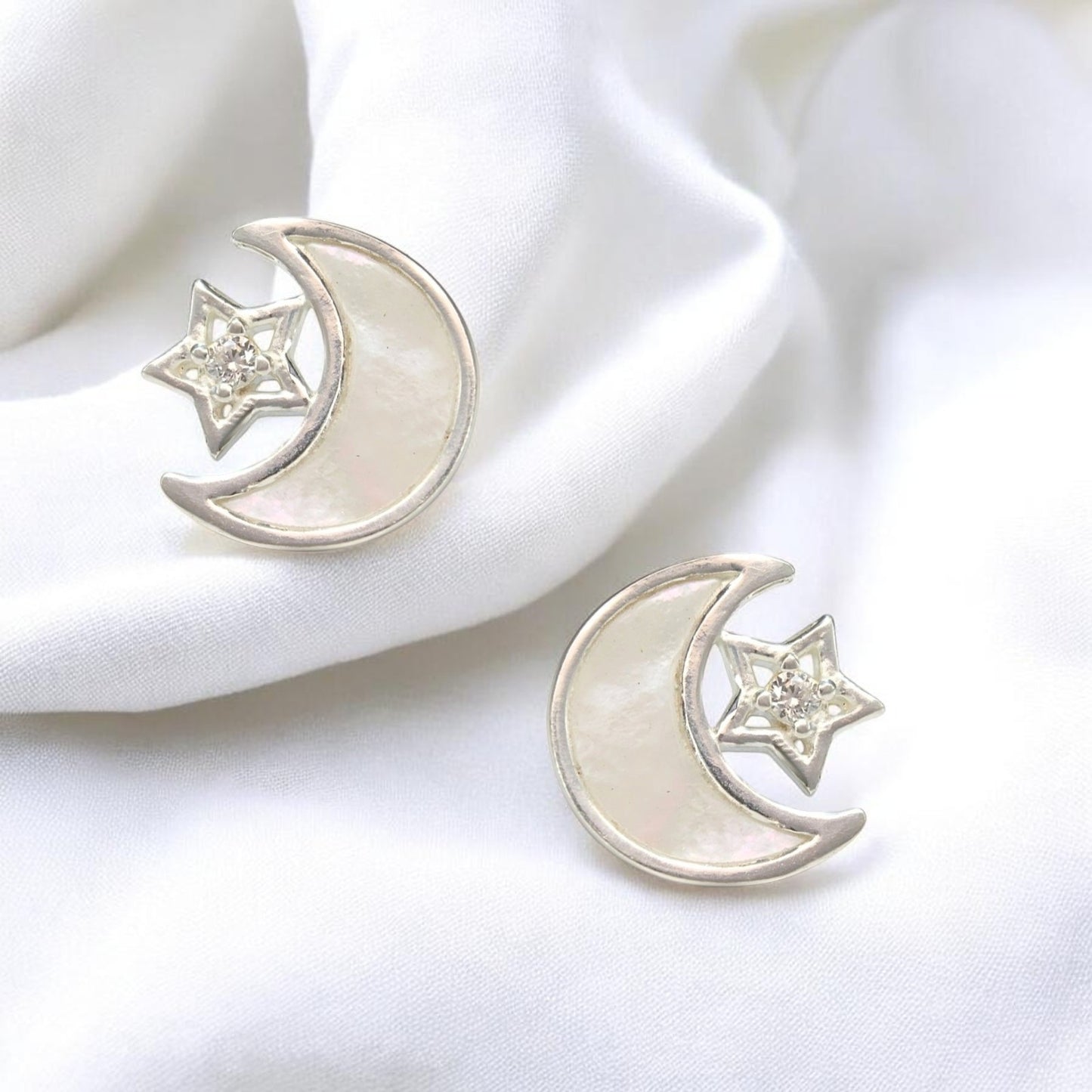 925 Sterling Silver White CZ Moon and Star gifting Earrings
