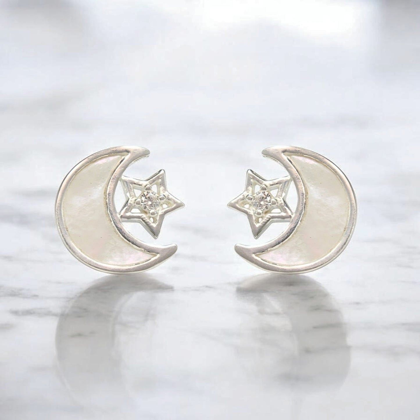 925 Sterling Silver White CZ Moon and Star gifting Earrings