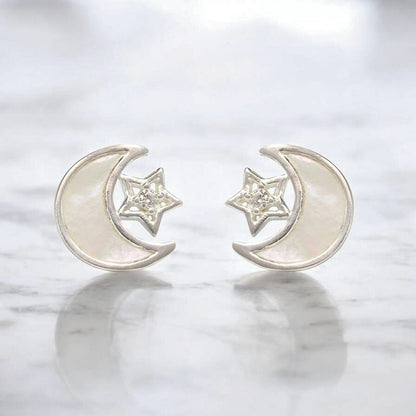 925 Sterling Silver White CZ Moon and Star gifting Earrings