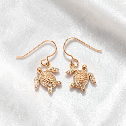 Boho chic 925 Sterling Silver White CZ Ocean Charm Rose Gold Turtle Earrings