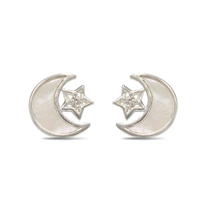 925 Sterling Silver White CZ Moon and Star gifting Earrings