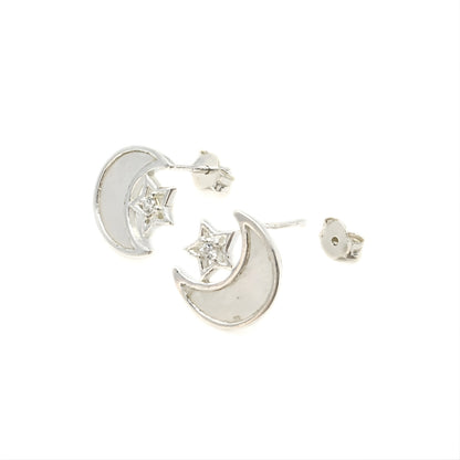 925 Sterling Silver White CZ Moon and Star gifting Earrings