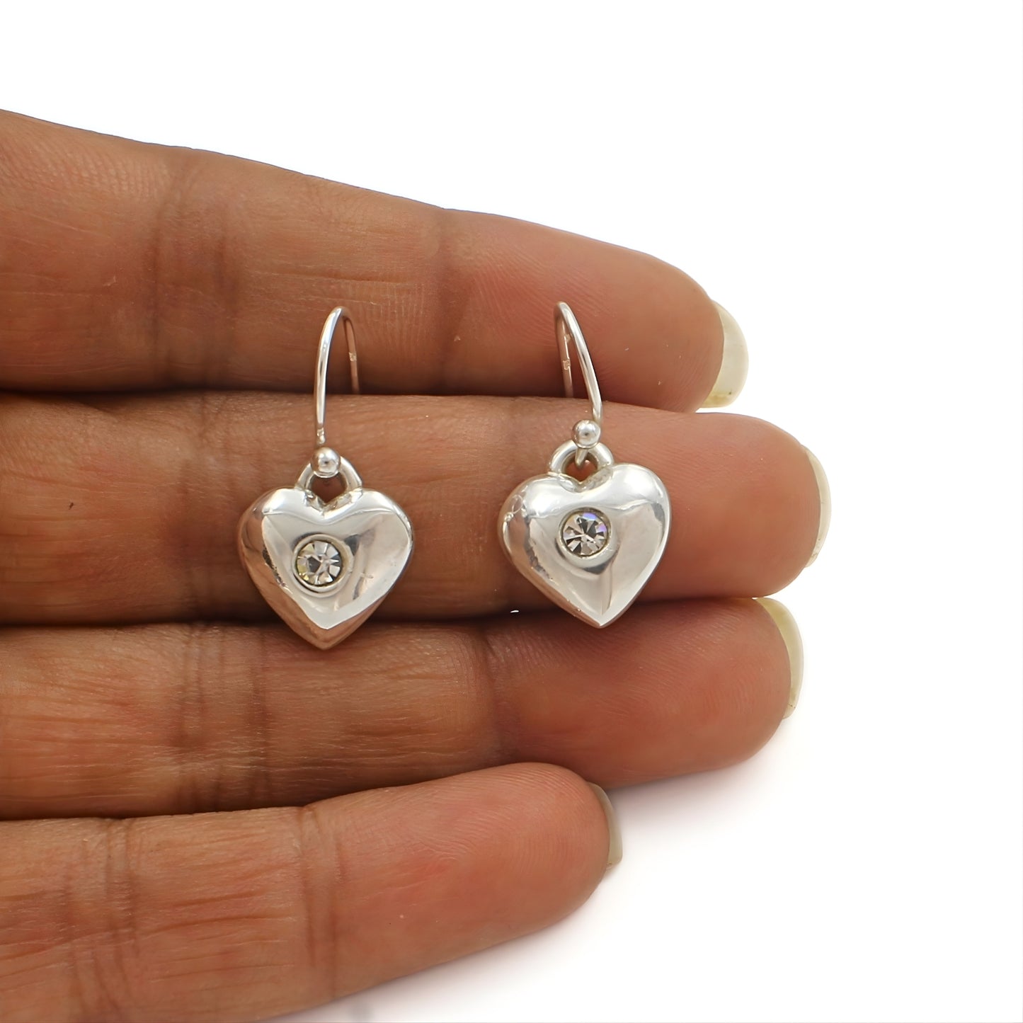 Daily Wear 925 Sterling Silver White CZ Heart Dangle Earrings