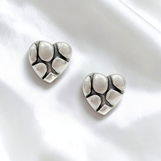 Classic 925 Sterling Silver Oxidized Puffy Heart Hypoallergenic Stud Earrings