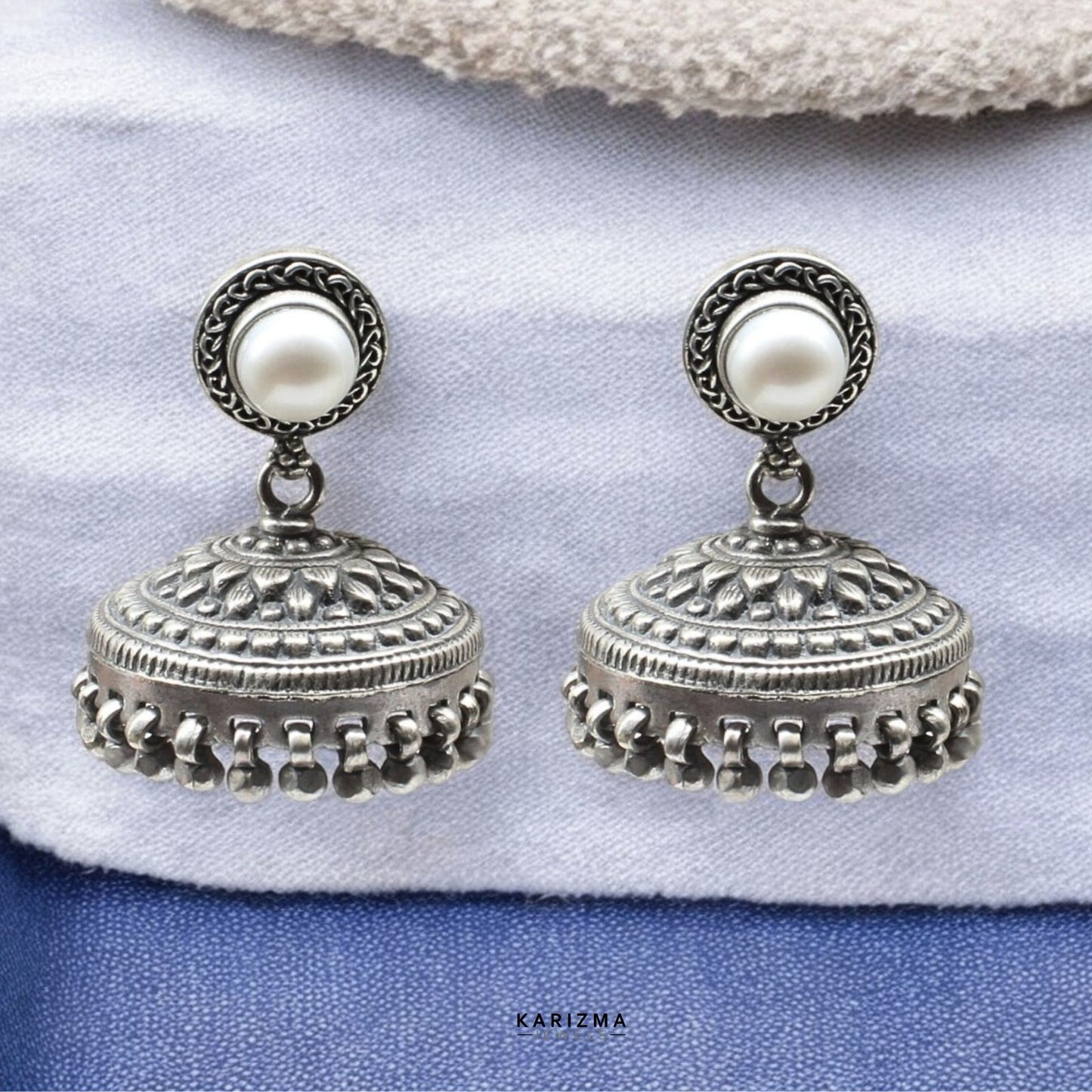 Real 925 Sterling Silver Oxidized fabulous Pearl Jhumki Women Earrings