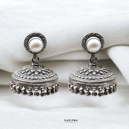 Real 925 Sterling Silver Oxidized fabulous Pearl Jhumki Women Earrings