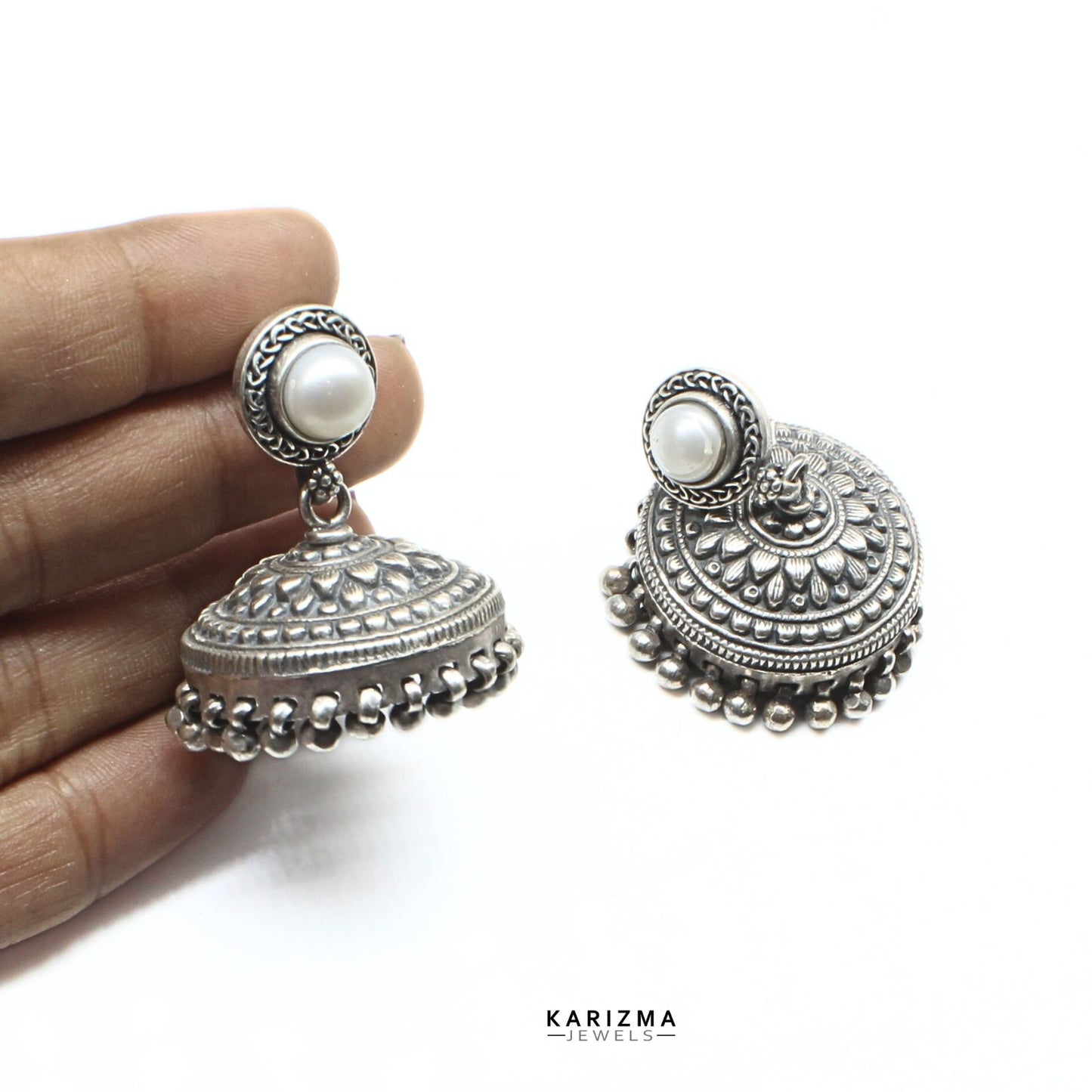 Real 925 Sterling Silver Oxidized fabulous Pearl Jhumki Women Earrings