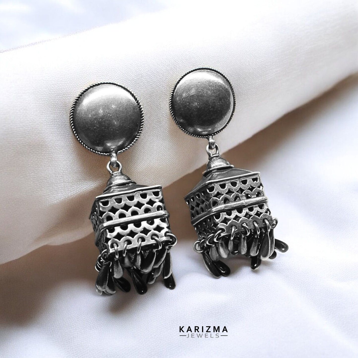 Real 925 Sterling Silver Oxidized Statement Drop Jhumka Women Earrings