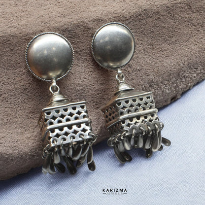 Real 925 Sterling Silver Oxidized Statement Drop Jhumka Women Earrings