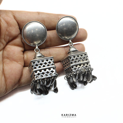 Real 925 Sterling Silver Oxidized Statement Drop Jhumka Women Earrings