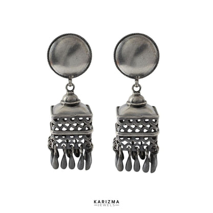 Real 925 Sterling Silver Oxidized Statement Drop Jhumka Women Earrings