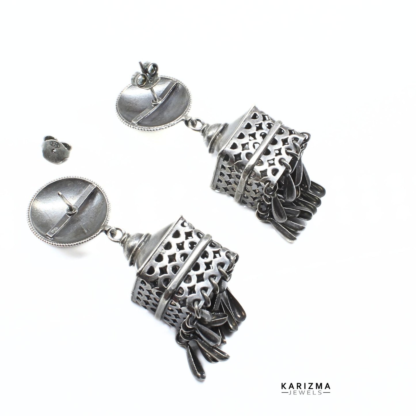 Real 925 Sterling Silver Oxidized Statement Drop Jhumka Women Earrings