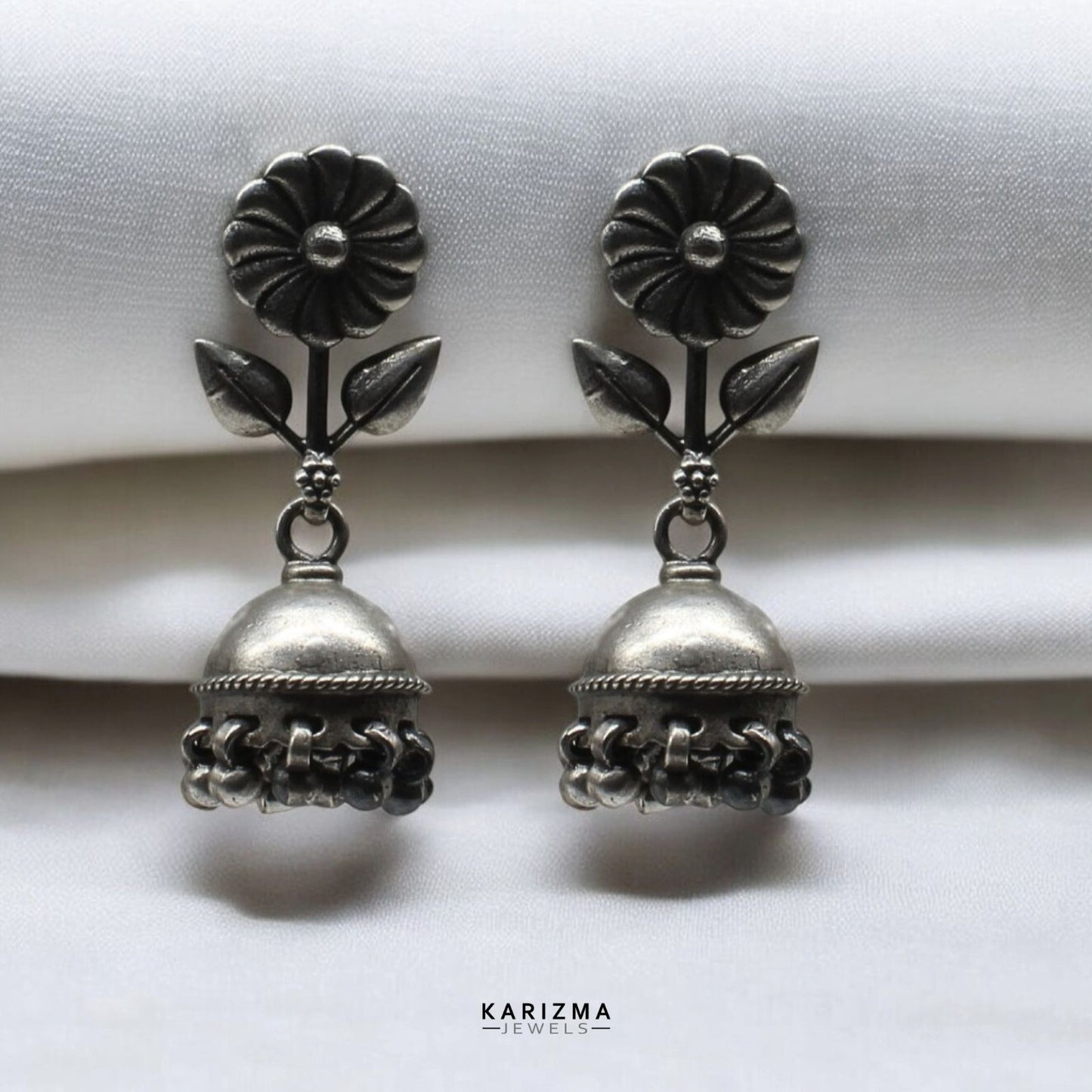 Amazing 925 Sterling Silver Oxidized women Flower Jhumka Earrings