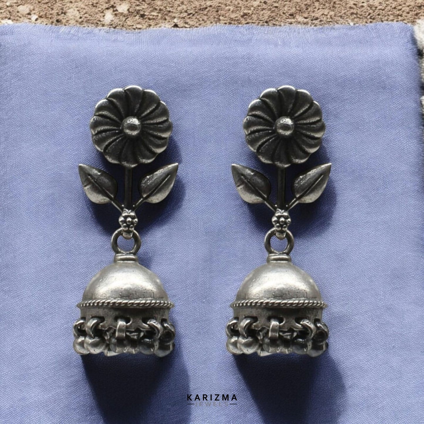 Amazing 925 Sterling Silver Oxidized women Flower Jhumka Earrings