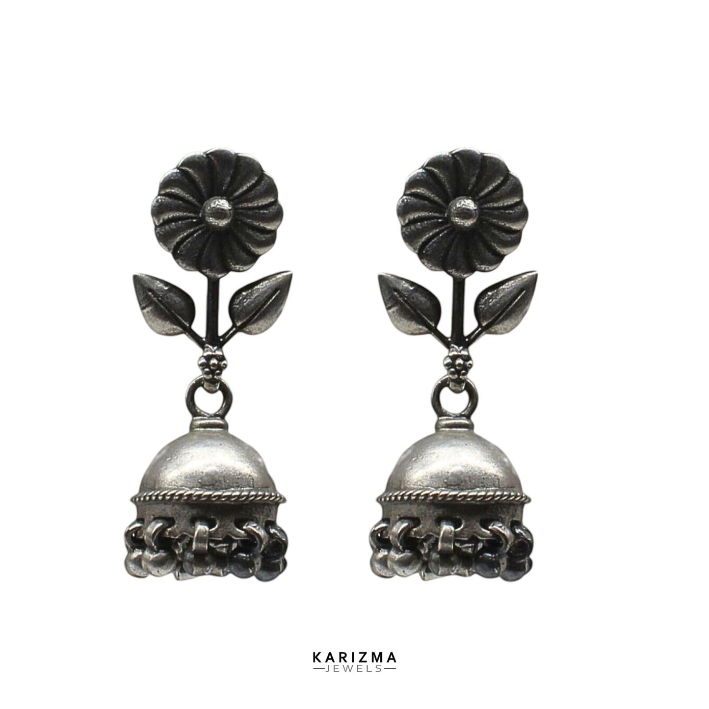 Amazing 925 Sterling Silver Oxidized women Flower Jhumka Earrings