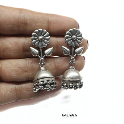 Amazing 925 Sterling Silver Oxidized women Flower Jhumka Earrings