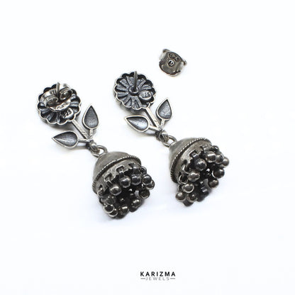 Amazing 925 Sterling Silver Oxidized women Flower Jhumka Earrings