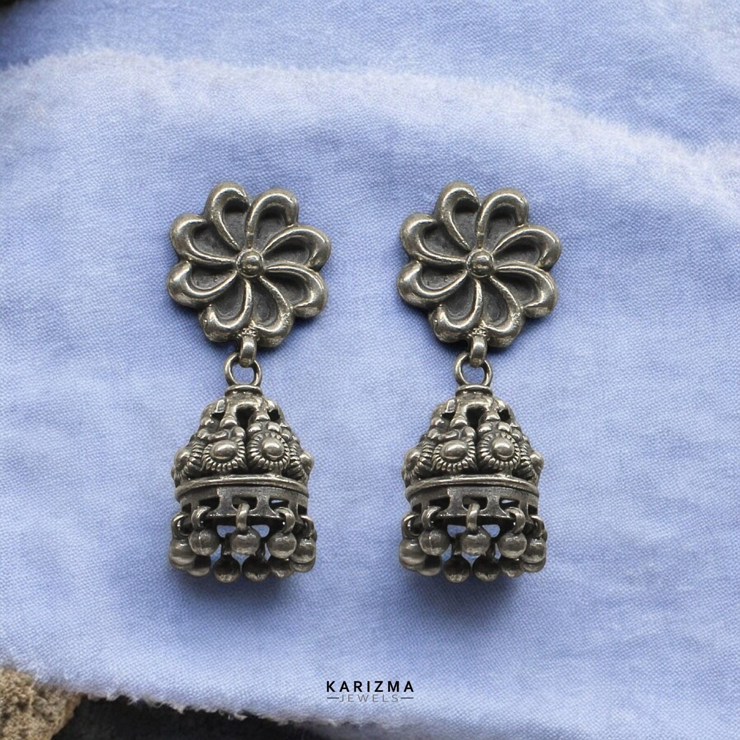 925 Sterling Silver Oxidized Flower Style dangle Jumka women Earrings