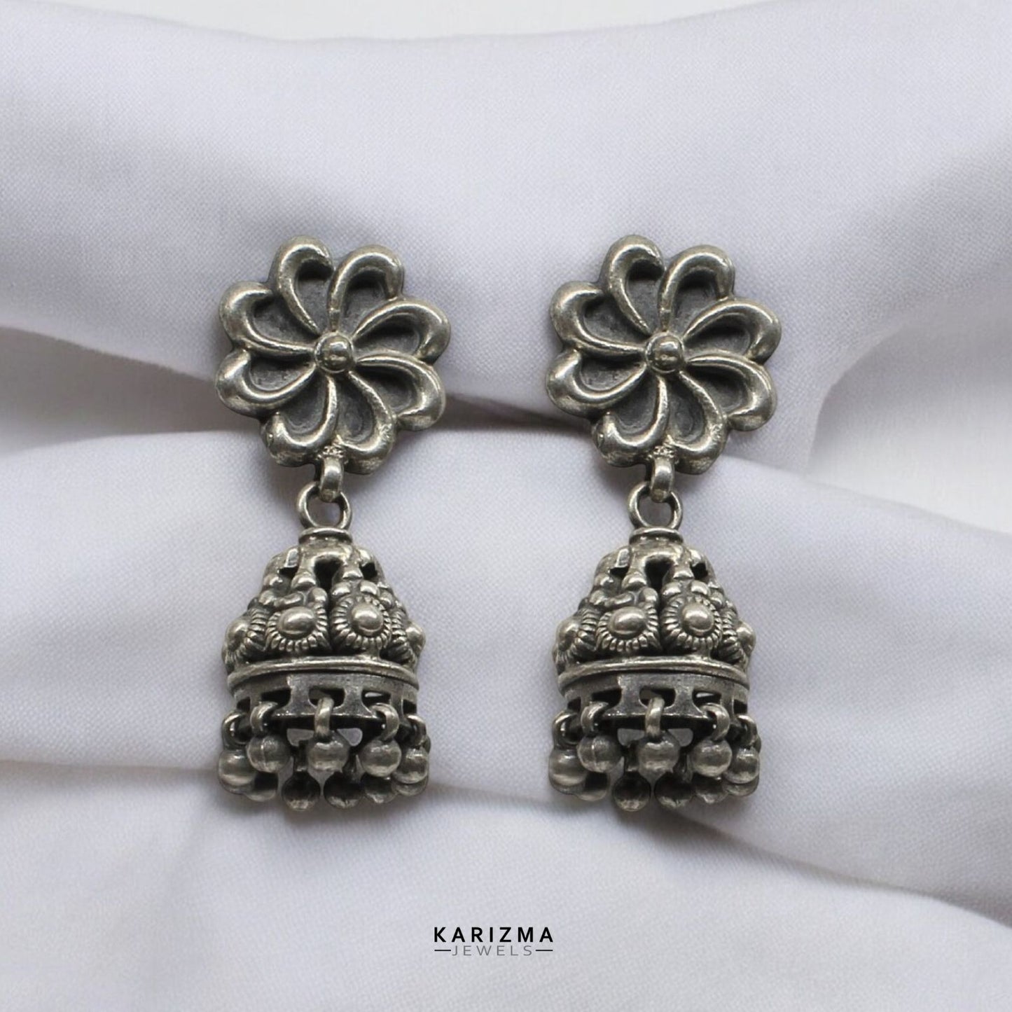 925 Sterling Silver Oxidized Flower Style dangle Jumka women Earrings