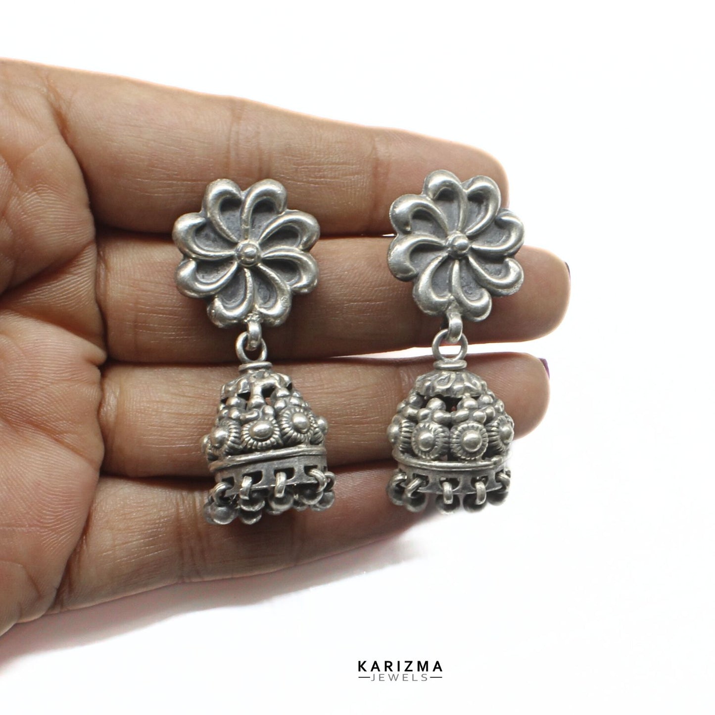 925 Sterling Silver Oxidized Flower Style dangle Jumka women Earrings