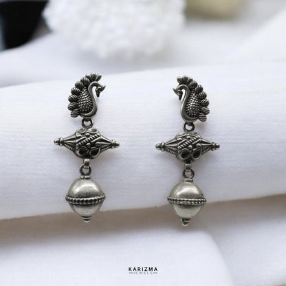 Real 925 Sterling Silver Mayur Mukhi Oxidized Jhumka Women Earrings