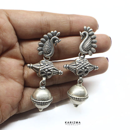 Real 925 Sterling Silver Mayur Mukhi Oxidized Jhumka Women Earrings