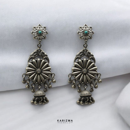 Real 925 Sterling Silver Oxidized Dangle Jhumka Women Earrings