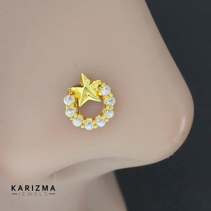 18K Real Gold gorgeous star Nose pin cum Earring Clear White CZ Gold Screw Back