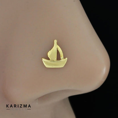 18K Real Gold unique trendy Sailboat women Nose pin cum Earring Gold Screw Back