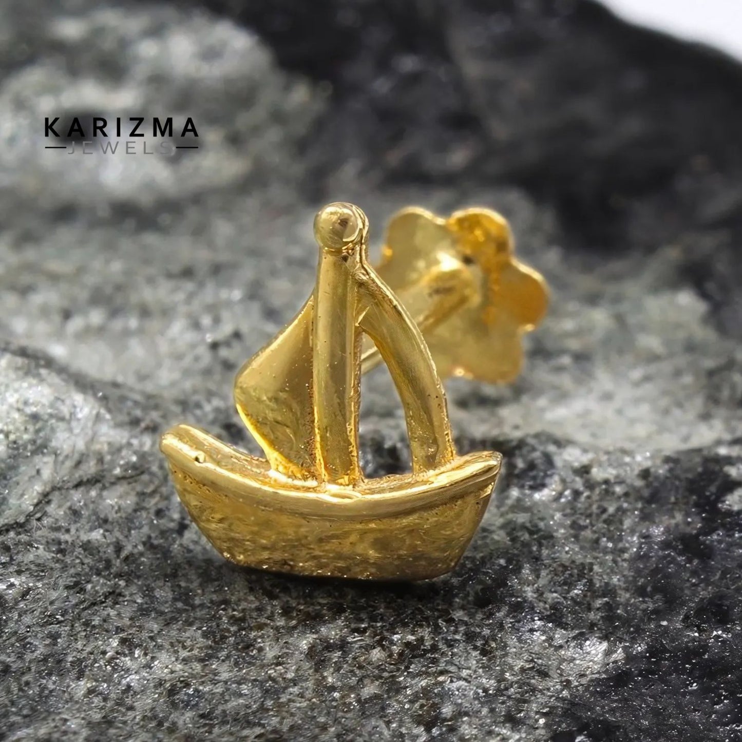 18K Real Gold unique trendy Sailboat women Nose pin cum Earring Gold Screw Back