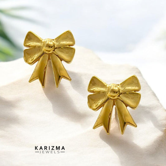 18K Real Solid Gold handmade amazing stylish bow Nose pin cum Earring Gold Screw Back