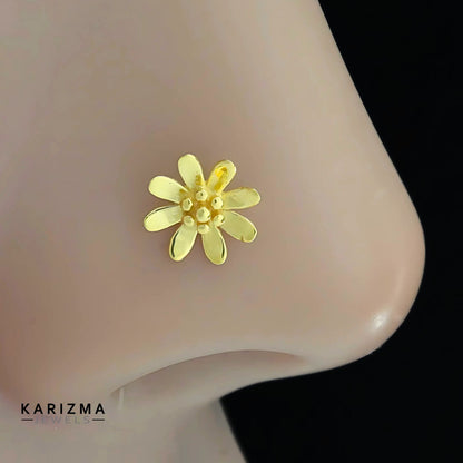 18K Real Solid Gold floral Tow in One Nose pin cum Earring Gold Screw Back