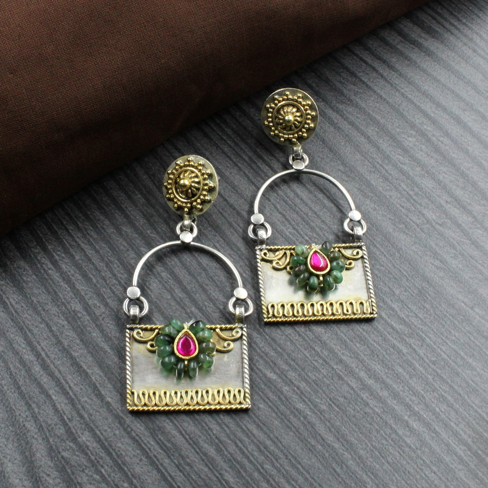 Real 925 Silver Natural Emerald Jhumka Two Tone Earrings