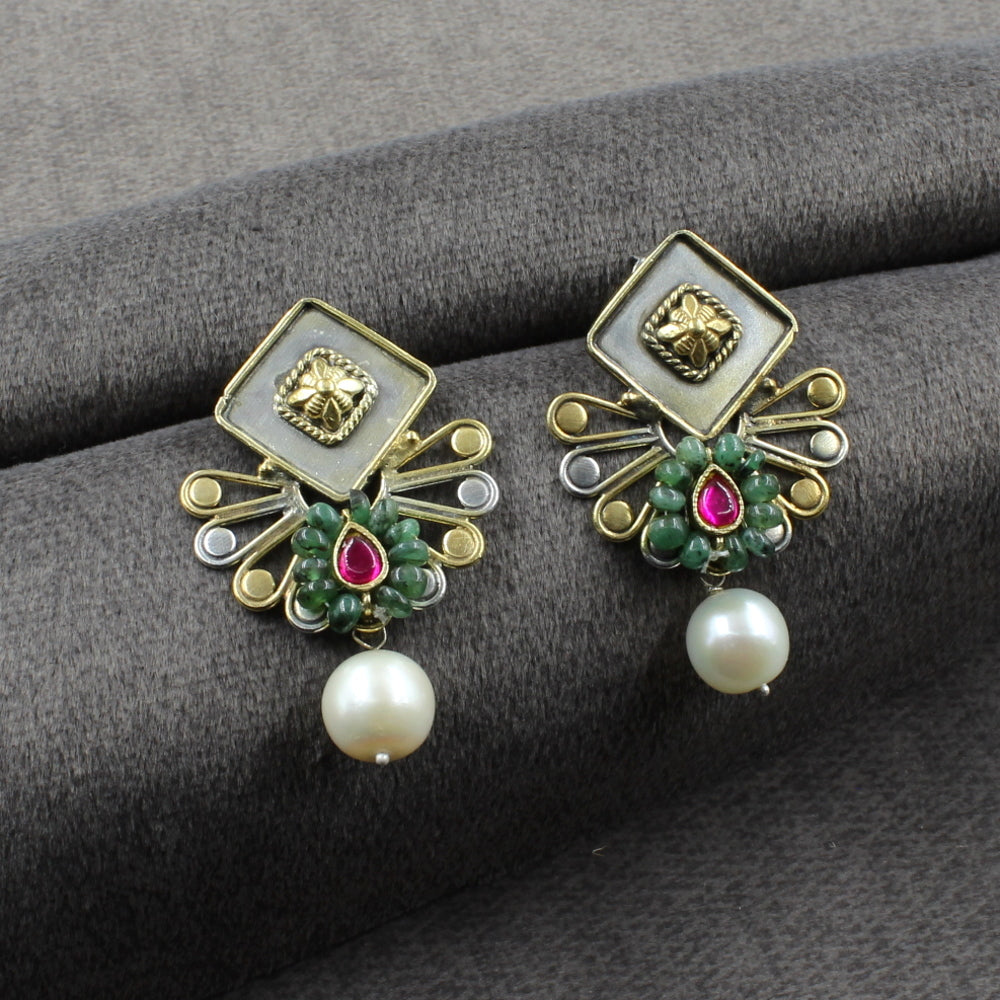 Two Tone Real  Silver Emerald Pearl Jhumka Earrings